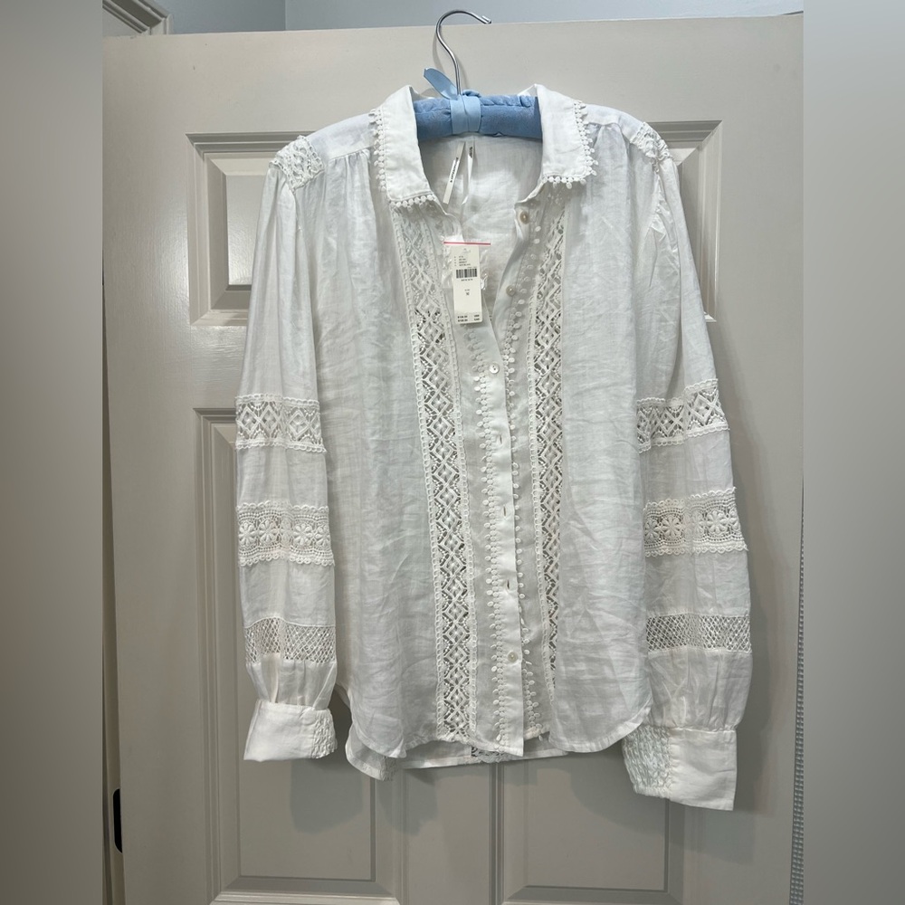 Anthropologie White Lace-Trim Button Front Blouse